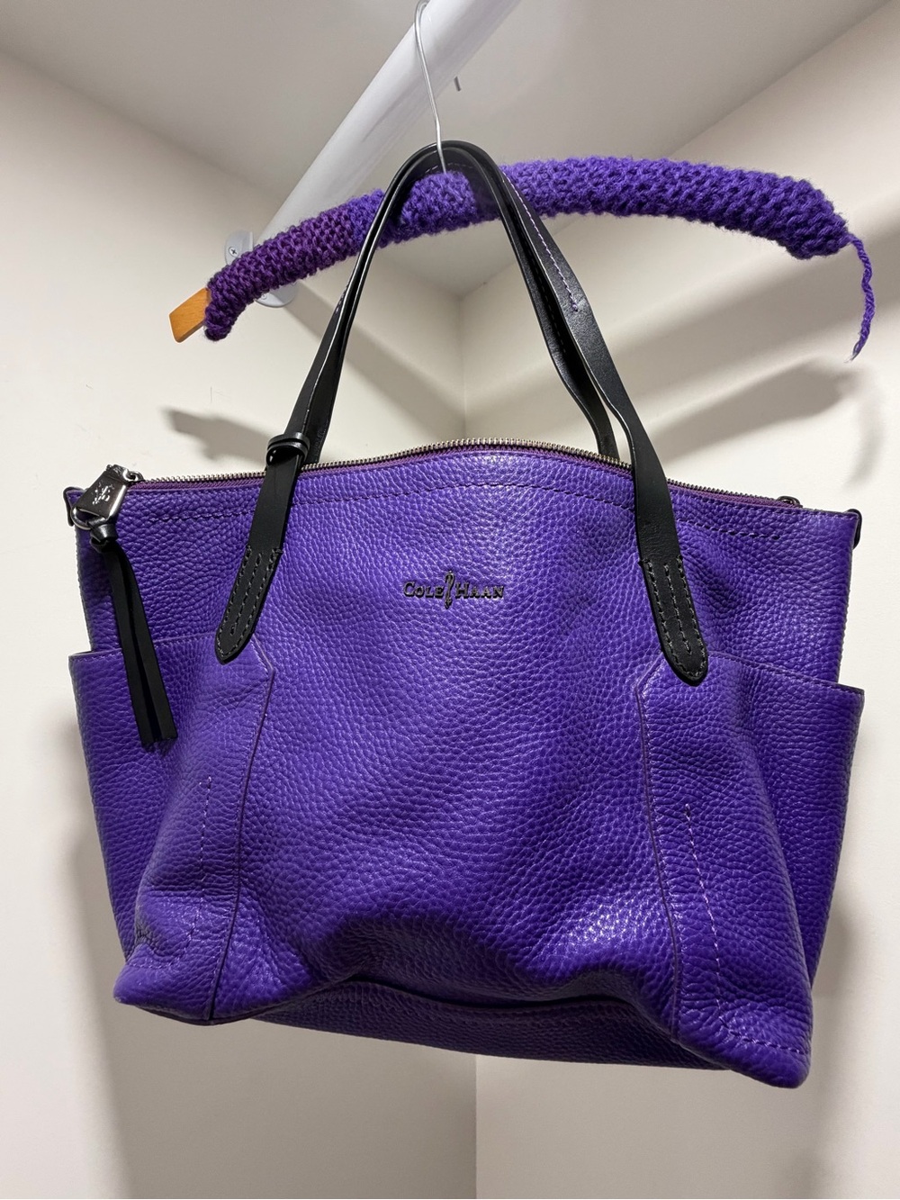 Cole Haan Purple Pebbled Leather Tote with Black Handles